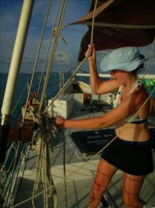 Katelynn hoists staysail Hoisting staysail